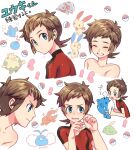  1boy aron azurill blue_eyes blush brendan_(pokemon) brown_hair bubble closed_eyes closed_mouth commentary_request grin gulpin holding holding_pokemon luvdisc male_focus minun multiple_views open_mouth plusle poke_ball poke_ball_(basic) pokemon pokemon_(creature) pokemon_(game) pokemon_oras short_hair short_sleeves shroomish smile sparkle spheal swablu teeth translation_request trapinch wet wet_hair xichii 