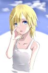  1girl bare_shoulders blonde_hair blue_eyes breasts clouds collarbone dande_cat dress highres kingdom_hearts kingdom_hearts_ii long_hair looking_at_viewer namine open_mouth solo white_dress 