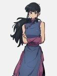  1girl bangs black_eyes black_hair black_outline blue_dress blunt_bangs breasts chi-chi_(dragon_ball) china_dress chinese_clothes closed_mouth contrapposto crossed_arms dragon_ball dragon_ball_(classic) dress eyelashes facing_viewer feet_out_of_frame floating_hair grey_background high_collar kemachiku large_breasts long_hair outline pants pink_pants pink_wristband ponytail pout serious shiny shiny_hair side_slit sidelocks sideways_glance simple_background sleeveless sleeveless_dress solo standing v-shaped_eyebrows wristband 