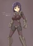  1girl armor armored_boots bangs black_bodysuit black_eyes bob_cut bodysuit boots borrowed_character breasts clenched_hand covered_navel detached_sleeves exoskeleton feet_out_of_frame garter_belt garter_straps gauntlets hair_strand headset highres large_breasts legs_apart looking_afar metal_bikini mhjk_(mos_yen) microphone original oteruko_(wanabeee) purple_background purple_hair purple_legwear purple_shirt purple_sleeves shirt short_hair simple_background solo swimsuit_over_clothes thigh-highs v-shaped_eyebrows 