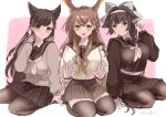  3girls adapted_costume alternate_costume animal_ear_fluff animal_ears atago_(azur_lane) atago_(school_daydream)_(azur_lane) azur_lane black_legwear black_sailor_collar black_serafuku black_shirt black_skirt bow breasts brown_hair cardigan chikuma_(azur_lane) crop_top crop_top_overhang extra_ears gamuko07 hair_bow hairband large_breasts light_brown_hair long_hair looking_at_viewer miniskirt multiple_girls official_alternate_costume pantyhose pleated_skirt ribbon sailor_collar school_uniform serafuku shirt sitting skirt takao_(academy_romantica)_(azur_lane) takao_(azur_lane) thigh-highs thighband_pantyhose white_bow white_cardigan white_hairband white_neckwear white_ribbon yellow_eyes zettai_ryouiki 