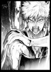  1boy absurdres black_background bleach blood blood_on_face dated greyscale highres hiraoka_koushi japanese_clothes kurosaki_ichigo looking_at_viewer male_focus monochrome open_mouth short_hair signature solo spiky_hair sword weapon 