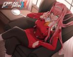  1girl armchair artist_name belt black_legwear breasts candy chair copyright_name crossed_legs darling_in_the_franxx dress epaulettes feet_out_of_frame food green_eyes hairband horns large_breasts lollipop long_hair looking_at_viewer messy_hair military military_uniform moddedjoker necktie oni_horns orange_neckwear pantyhose pink_hair red_dress red_horns reward_available saliva saliva_trail short_dress short_necktie sitting solo uniform white_footwear white_hairband zero_two_(darling_in_the_franxx) 