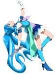  1girl absurdres blue_eyes blue_footwear blue_hair blue_jacket blue_legwear cure_fontaine ebura_din eyebrows_visible_through_hair from_side full_body gloves healin&#039;_good_precure high_heels highres holding jacket long_hair miniskirt parted_lips pegitan_(precure) precure profile short_sleeves simple_background skirt solo twintails very_long_hair white_background white_gloves white_skirt white_sleeves 