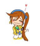  1girl ace_attorney athena_cykes bangs blue_ribbon blush chibi closed_eyes crescent crescent_earrings earrings galois gloves hair_ribbon heart jacket jewelry long_hair necklace necktie open_clothes open_jacket orange_hair phoenix_wright:_ace_attorney_-_dual_destinies phoenix_wright:_ace_attorney_-_spirit_of_justice playing_with_own_hair ribbon shirt side_ponytail single_earring single_glove solo swept_bangs upper_body very_long_hair wavy_mouth white_background white_shirt yellow_jacket 