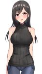  1girl bangs bare_shoulders baretto_(karasi07) black_hair black_shirt blue_legwear blush breasts character_request commentary_request eyebrows_visible_through_hair highres idolmaster idolmaster_shiny_colors large_breasts long_hair looking_at_viewer open_mouth pants pink_eyes shirt simple_background sleeveless solo sweater turtleneck turtleneck_sweater white_background 
