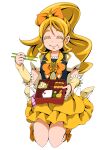  1girl ^_^ absurdres bangs black_vest blonde_hair bow chopsticks closed_eyes clover_earrings cure_honey detached_sleeves earrings eating ebura_din eyebrows_visible_through_hair facing_viewer food food_on_face full_body hair_between_eyes hair_bow happinesscharge_precure! high_heels highres holding holding_chopsticks jewelry kneeling long_hair miniskirt orange_bow precure rice rice_on_face shiny shiny_hair short_sleeves simple_background skirt solo vest white_background white_sleeves yellow_skirt yellow_sleeves 