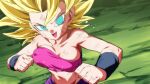  1girl :d aqua_eyes battle_damage blonde_hair bouncing_breasts breasts caulifla covered_nipples dragon_ball dragon_ball_super fighting_stance looking_at_viewer open_mouth pink_tube_top rom_(20) smile solo spiky_hair strapless super_saiyan super_saiyan_2 sweat tube_top 