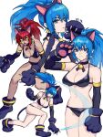  alternate_costume animal_ears animal_hands bell bikini blue_eyes blue_hair breasts cat_ears cat_girl cat_paws claws dark_persona earrings elbow_gloves gloves highres jewelry jingle_bell leona_heidern midriff multiple_views oni_gini orochi_leona ponytail redhead snk_heroines:_tag_team_frenzy swimsuit the_king_of_fighters triangle_earrings 