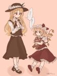  2girls :o ascot blonde_hair blush bow brown_eyes brown_footwear brown_headwear brown_vest closed_mouth collared_shirt cross crystal dolls_in_pseudo_paradise eyebrows_visible_through_hair flandre_scarlet frilled_hat frilled_shirt frilled_shirt_collar frilled_skirt frilled_sleeves frills full_body hat hat_feather holding holding_cross jacket_girl_(dipp) laspberry. long_hair long_skirt long_sleeves mary_janes medium_hair mob_cap multiple_girls one_side_up puffy_short_sleeves puffy_sleeves red_bow red_eyes red_footwear red_skirt red_vest ribbon shirt shoes short_sleeves side_ponytail simple_background skirt socks stuffed_animal stuffed_toy sweat teddy_bear touhou translation_request vest wavy_hair white_shirt wings yellow_neckwear 