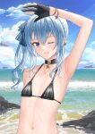  1girl absurdres andy2465 arm_up armpits bangs bikini black_bikini black_gloves blue_eyes blue_hair blue_ribbon choker day earrings eyebrows_visible_through_hair flat_chest gloves hair_between_eyes hair_ribbon highres hololive hoshimachi_suisei jewelry looking_at_viewer navel one_eye_closed open_mouth outdoors partially_fingerless_gloves ribbon side_ponytail sky smile solo star_(symbol) star_bracelet star_earrings swimsuit virtual_youtuber wet 