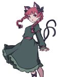  1girl absurdres animal_ears asymmetrical_legwear braid cat_ears cat_tail dress extra_ears frilled_dress frilled_sleeves frills green_dress highres juliet_sleeves kaenbyou_rin kame_(kamepan44231) long_hair long_sleeves multiple_tails puffy_sleeves red_eyes redhead simple_background solo tail touhou twin_braids two_tails white_background 