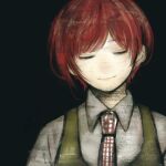  bangs black_background closed_eyes collared_shirt danganronpa_(series) danganronpa_2:_goodbye_despair dress eyebrows_visible_through_hair facing_viewer freckles green_dress grey_shirt highres kiri_(2htkz) koizumi_mahiru necktie plaid_neckwear red_neckwear redhead shirt short_hair smile solo upper_body white_neckwear 