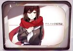  1girl absurdres ayano_no_koufuku_riron_(vocaloid) brown_hair hair_ornament hairclip hand_on_own_chest hand_up highres kagerou_project red_eyes red_scarf scarf school_uniform siori_510 smile solo tateyama_ayano television 