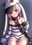  1girl animal_ears azur_lane bangs bare_shoulders blunt_bangs bottle cabbie_hat chain collar commentary_request detached_sleeves dress eyebrows_visible_through_hair fake_animal_ears grozny_(azur_lane) grozny_(bad_bunny_behind_bars)_(azur_lane) hat head_tilt holding holding_bottle long_sleeves looking_at_viewer manda_(manda9n) parted_lips pink_hair prison_clothes rabbit_ears short_hair short_hair_with_long_locks sidelocks sitting sleeves_past_wrists solo strapless strapless_dress striped torn_clothes torn_dress vertical_stripes violet_eyes water_bottle 
