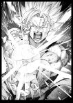  1boy absurdres aura black_background blood blood_on_face dated dragon_ball greyscale highres hiraoka_koushi looking_at_viewer male_focus monochrome open_mouth saiyan signature solo son_goku spiky_hair super_saiyan 