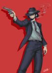  1boy absurdres beard black_hair black_headwear black_jacket black_pants cigarette closed_mouth collared_shirt commentary dress_shirt drop_shadow english_commentary facial_hair feet_out_of_frame formal grey_shirt gun hat highres holding holding_gun holding_weapon jacket jigen_daisuke long_sleeves looking_away lupin_iii male_focus mouth_hold naked_shirt necktie open_clothes open_jacket pants purple_neckwear red_background red_eyes revolver shirt signature simple_background smoke smoking solo suit tie_clip weapon whitter 