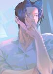  1boy absurdres ace_attorney bangs black_hair buttons chin_stroking closed_mouth cloud_rad collared_shirt commentary_request grey_eyes grey_shirt hand_up highres looking_to_the_side male_focus miles_edgeworth parted_bangs shirt short_hair solo upper_body 