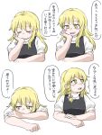  1girl blonde_hair blush_stickers bow braid bseibutsu closed_eyes commentary_request hair_bow head_rest highres kirisame_marisa open_mouth puffy_short_sleeves puffy_sleeves short_sleeves side_braid smile touhou translation_request yellow_eyes 