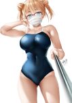  1girl aqua_eyes blonde_hair blue_swimsuit breasts covered_navel double_bun glasses highres hoshizaki_rika_(kanojo_mo_kanojo) kanojo_mo_kanojo large_breasts looking_at_viewer mask mouth_mask one-piece_swimsuit over-rim_eyewear red-framed_eyewear semi-rimless_eyewear short_hair short_twintails signature simple_background solo standing swimsuit thighs twintails white_background zasshu 