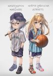  2girls ankle_socks azur_lane bandaid bandaid_on_nose bangs baseball baseball_bat baseball_cap baseball_jersey basketball basketball_jersey black_footwear blonde_hair blue_eyes blue_headwear blue_shirt blue_shorts charlotte_hornets closed_mouth clothes_writing collarbone commentary_request eyebrows_visible_through_hair frown full_body hair_between_eyes hairband hand_in_pocket hat highres holding holding_baseball_bat layered_shirt long_hair looking_at_viewer major_league_baseball multiple_girls national_basketball_association north_carolina_(azur_lane) one_side_up over_shoulder partial_commentary red_footwear seattle_mariners shirt shoes short_hair short_sleeves shorts sidelocks sideways_hat silver_hair simple_background smile sneakers solo standing washington_(azur_lane) white_background white_hairband white_legwear white_shirt wristband yakkuro younger 