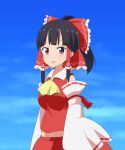  1girl :d ascot black_hair blue_sky bow breasts cato_(monocatienus) commentary detached_sleeves frilled_bow frills hair_bow hair_tubes hakurei_reimu highres large_bow looking_at_viewer medium_breasts open_mouth ponytail red_bow red_skirt red_vest ribbon-trimmed_sleeves ribbon_trim skirt sky smile solo touhou upper_body vest violet_eyes yellow_neckwear 