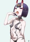  1girl bangs bare_shoulders bob_cut breasts collarbone dango eating eyeliner fate/grand_order fate_(series) food headpiece highres horns kuraikurairey looking_at_viewer makeup oni oni_horns open_mouth purple_hair short_hair shuten_douji_(fate) simple_background skin-covered_horns small_breasts solo tongue tongue_out tsukimi_dango violet_eyes wagashi 
