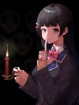  1girl black_background black_eyes black_hair black_jacket blazer bow bowtie candle cardigan closed_mouth collared_shirt dark hair_ornament hairclip hand_up highres holding holding_candle index_finger_raised jacket long_hair long_sleeves looking_at_viewer mikan_(chipstar182) nazono_mito nijisanji pink_bow pink_neckwear school_uniform shirt smile solo tsukino_mito upper_body when_you_see_it white_shirt wing_collar 