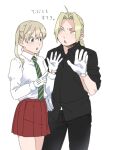  1boy 1girl ahoge blonde_hair braid crossover edward_elric fullmetal_alchemist gloves green_eyes highres long_hair maka_albarn necktie nyaa_(morinaga1125manami) open_mouth plaid plaid_skirt ponytail shirt simple_background skirt soul_eater twintails white_background yellow_eyes 