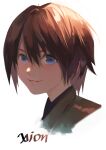  1girl b_zhan_cm_yang black_hair blue_eyes character_name commentary highres kingdom_hearts kingdom_hearts_358/2_days kingdom_hearts_iii looking_at_viewer open_mouth portrait short_hair simple_background smile solo white_background xion_(kingdom_hearts) 