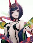  1girl b.d bangs bare_shoulders bob_cut breasts collarbone eyeliner fate/grand_order fate_(series) headpiece highres horns japanese_clothes kimono long_sleeves looking_at_viewer makeup oni oni_horns purple_hair purple_kimono revealing_clothes short_hair shuten_douji_(fate) skin-covered_horns small_breasts violet_eyes wide_sleeves 