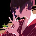  1girl abstract_background applying_makeup ear_piercing earrings japanese_clothes jewelry kimono lips nail_polish original piercing profile red_nails short_hair solo upper_body violet_eyes yuigahama_(user_nevh3547) 