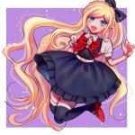  1girl :d bangs black_bow black_dress black_legwear blonde_hair blue_eyes bow braid collared_shirt danganronpa_(series) danganronpa_2:_goodbye_despair dress esu_(tasoesu) grey_shirt hair_bow hand_up legs_up long_hair open_mouth puffy_short_sleeves puffy_sleeves purple_background red_bow red_footwear red_neckwear shirt shoes short_sleeves smile solo sonia_nevermind teeth thigh-highs upper_teeth very_long_hair white_background 