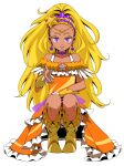  1girl absurdres blonde_hair collarbone cure_soleil dark-skinned_female dark_skin dress ebura_din full_body hair_ornament highres jewelry long_hair looking_at_viewer mole mole_under_eye necklace orange_dress parted_lips ponytail precure simple_background solo standing star_(symbol) star_hair_ornament star_twinkle_precure very_long_hair violet_eyes white_background yellow_footwear 