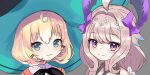  2girls :3 ahoge bangs bare_shoulders bird_girl black_neckwear blonde_hair blue_hair blush bow enna_alouette eyebrows_visible_through_hair flower green_eyes grey_background hair_bow hair_flower hair_ornament hat large_hat lazycoffee_(wyen_iscordo) millie_parfait multicolored_hair multiple_girls nijisanji nijisanji_en purple_bow purple_wings simple_background smile violet_eyes virtual_youtuber wings witch_hat 