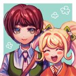  2girls :d bangs blonde_hair blush_stickers brown_eyes cat_hair_ornament collared_shirt danganronpa_(series) danganronpa_2:_goodbye_despair dress esu_(tasoesu) eyebrows_visible_through_hair facing_viewer freckles green_background green_dress grey_shirt hair_ornament happy japanese_clothes kimono koizumi_mahiru long_hair long_sleeves multiple_girls necktie open_mouth orange_kimono plaid_neckwear portrait redhead saionji_hiyoko shiny shiny_hair shirt short_hair smile twintails 