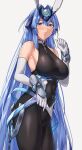  1girl armpits azur_lane bangs bare_shoulders blue_eyes blue_hair blush bodystocking breasts closed_mouth clothes_lift collarbone commentary covered_navel cowboy_shot elbow_gloves eyebrows_visible_through_hair gloves groin hair_between_eyes hair_intakes hand_up headgear high-waist_skirt large_breasts lifted_by_self long_hair looking_at_viewer new_jersey_(azur_lane) sarhce sideboob sidelocks simple_background skirt skirt_lift solo standing taut_clothes vambraces very_long_hair white_background white_gloves white_skirt 