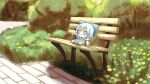  1girl artist_name bench blue_bow blue_dress blue_eyes blue_hair bow chibi cirno day dress flower fumo_(doll) hair_bow on_bench outdoors park park_bench short_hair sitting skullchimes smile solo touhou tree watermark wide_shot 