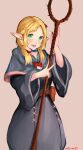  1girl artist_name bag blonde_hair blush bow braid choker commission commissioner_upload cowboy_shot dungeon_meshi elf green_eyes highres holding looking_at_viewer marcille open_mouth pointy_ears robe signature simple_background smile solo staff tomatolover16 twin_braids v 