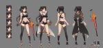  1girl absurdres ass asymmetrical_legwear back bandaid bare_arms bare_shoulders battle_rifle bell black_choker black_coat black_gloves black_hair black_legwear black_shirt black_shorts breasts choker coat collarbone commission crop_top ear_piercing expressions fn_fal from_behind full_body gloves gun highres hip_vent holding holding_gun holding_weapon incredibly_absurdres jingle_bell kirr_rr kneehighs large_breasts long_hair looking_at_viewer micro_shorts midriff mole mole_on_thigh multiple_views navel nero_(shirone) open_clothes open_coat open_fly orange_panties original panties piercing red_eyes revealing_clothes rifle second-party_source shirt shoes short_shorts shorts single_kneehigh single_thighhigh skindentation sleeveless sleeveless_shirt sneakers standing stomach taut_clothes taut_shirt thigh-highs thighs two_side_up underwear very_long_hair wavy_hair weapon 