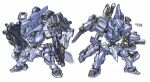  chibi dual_wielding fubuki_(muvluv) gun holding holding_gun holding_knife holding_weapon knife looking_down looking_to_the_side mecha multiple_views muvluv muvluv_alternative no_humans open_hand science_fiction sketch tactical_surface_fighter tanimeso visor weapon white_background 