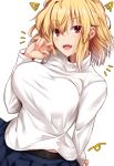  1girl arcueid_brunestud blonde_hair breasts hair_intakes highres large_breasts long_sleeves red_eyes sebire short_hair solo sweater tsukihime tsukihime_(remake) turtleneck upper_body white_sweater 