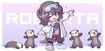  1girl ;d animal_ears arknights bangs blush brown_eyes brown_hair chibi commentary eyebrows_visible_through_hair full_body goggles goggles_on_head jacket looking_at_viewer one_eye_closed open_clothes open_jacket open_mouth otter otter_ears otter_tail roberta_(arknights) sharktuna shoes short_hair smile solo standing t-pose tail white_footwear white_jacket 