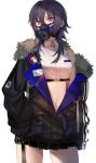  1girl arm_at_side bangs black_coat black_hair blue_hair breasts buttons coat collared_shirt covered_mouth cowboy_shot crop_top ear_piercing english_commentary fur-trimmed_coat fur_trim hand_on_hip highres hisui_ill ichinose_uruha long_sleeves looking_at_viewer lupinus_virtual_games mask medium_breasts multicolored_hair navel off_shoulder piercing pink_eyes pocket respirator shirt simple_background sleeveless sleeveless_shirt sleeves_past_wrists solo streaked_hair virtual_youtuber vspo! white_background white_shirt 