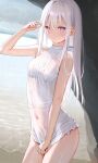  1girl bangs bare_arms bare_shoulders blush breasts covered_navel hair_between_eyes hand_up highres long_hair looking_at_viewer mignon one-piece_swimsuit original pink_eyes see-through small_breasts solo straight_hair swimsuit water wet wet_clothes wet_swimsuit white_hair white_swimsuit 