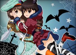  2girls absurdres aqua_dress aqua_headwear bandaged_leg bandages bat beret black_gloves black_horns black_legwear braid braided_ponytail brown_eyes brown_hair closed_mouth cross demon_horns dress frown girls_und_panzer girls_und_panzer_senshadou_daisakusen! gloves hair_ribbon halloween halloween_costume hand_on_another&#039;s_face hat highres holding holding_sword holding_weapon hood hood_down hooded_dress horns isobe_noriko leaning_forward leg_up long_hair long_sleeves looking_at_viewer looking_back multiple_girls night official_alternate_costume open_mouth purple_dress red_footwear red_pupils red_ribbon ribbon rukuriri_(girls_und_panzer) saber_(weapon) shoes short_dress short_hair silk single_braid smile spider_web standing standing_on_one_leg star_(symbol) sword tanutika thigh-highs weapon 