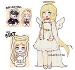  1boy 1girl alternate_costume angel angel_wings bangs barry_nah black_hair black_horns black_wings blonde_hair bow braid chibi danganronpa_(series) danganronpa_2:_goodbye_despair demon_boy dress full_body green_eyes grey_hair hair_bow halloween_costume halo highres horns long_hair multicolored_hair official_alternate_costume open_mouth red_eyes reference_photo scar scar_across_eye smile solo_focus sonia_nevermind tanaka_gandamu twitter_username two-tone_hair white_dress wings 