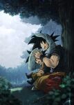  2boys :d black_hair boots child dougi dragon_ball dragon_ball_z drying drying_hair father_and_son happy highres holding holding_towel long_sleeves male_focus mattari_illust multiple_boys open_mouth outdoors rain sitting smile son_goku son_goten spiky_hair towel towel_on_head tree under_tree wet 