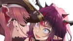  2girls black_eyepatch black_headwear black_horns blue_eyes eyepatch hair_ribbon hat heterochromia hololive hololive_english horns houshou_marine irys_(hololive) kubota_masaki lips long_hair looking_at_viewer multicolored_hair multiple_girls open_mouth pink_eyes pirate_hat pointy_ears purple_hair red_ribbon redhead ribbon simple_background sweatdrop teeth upper_body upper_teeth virtual_youtuber white_background 