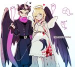  1boy 1girl angel bangs barry_nah belt black_belt black_jacket black_pants blonde_hair blood blood_on_clothes buttons cham-p danganronpa_(series) danganronpa_2:_goodbye_despair demon_boy demon_wings dress feet_out_of_frame ghost halo hands_up heart highres jacket jum-p long_hair long_sleeves maga-g own_hands_clasped own_hands_together pants pink_neckwear pink_scarf scarf sonia_nevermind standing sun-d tanaka_gandamu white_dress wings 